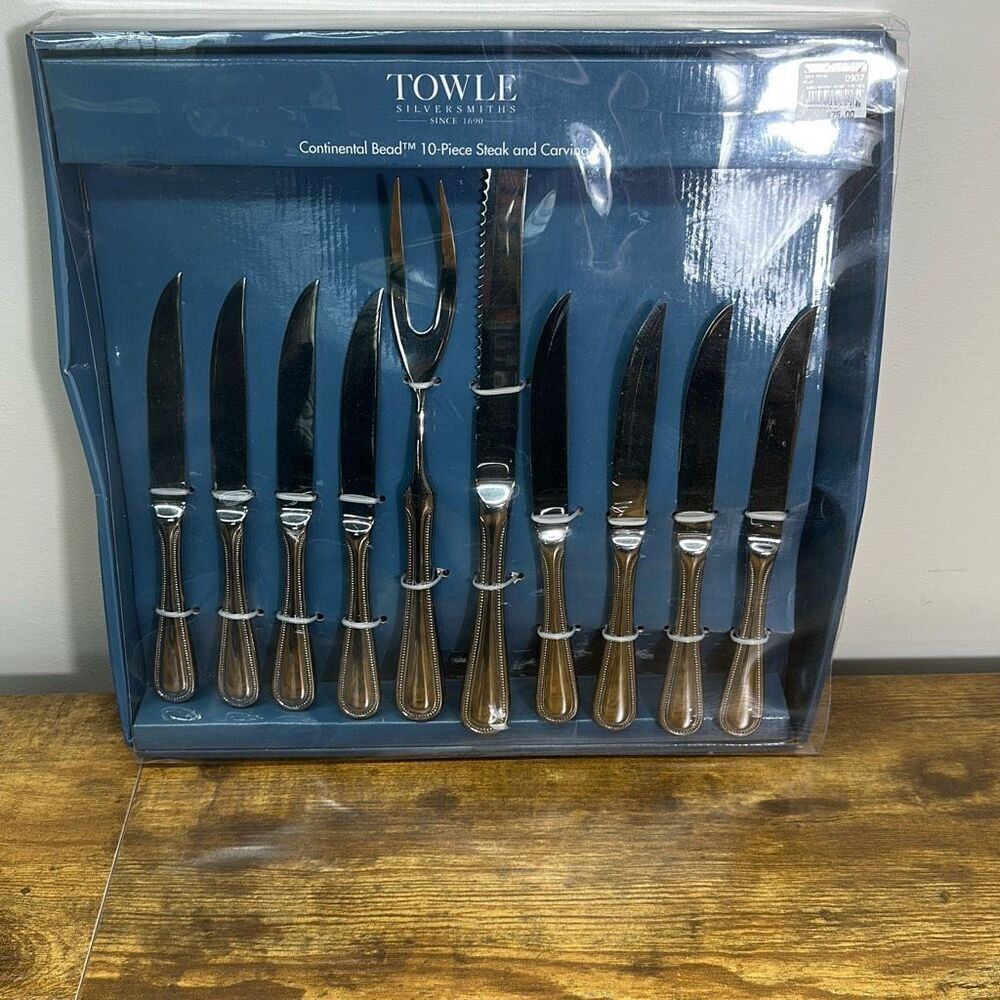 Towle Silversmiths Continental Bead 10 pc Steak + Carving Set NEW in box 5020379